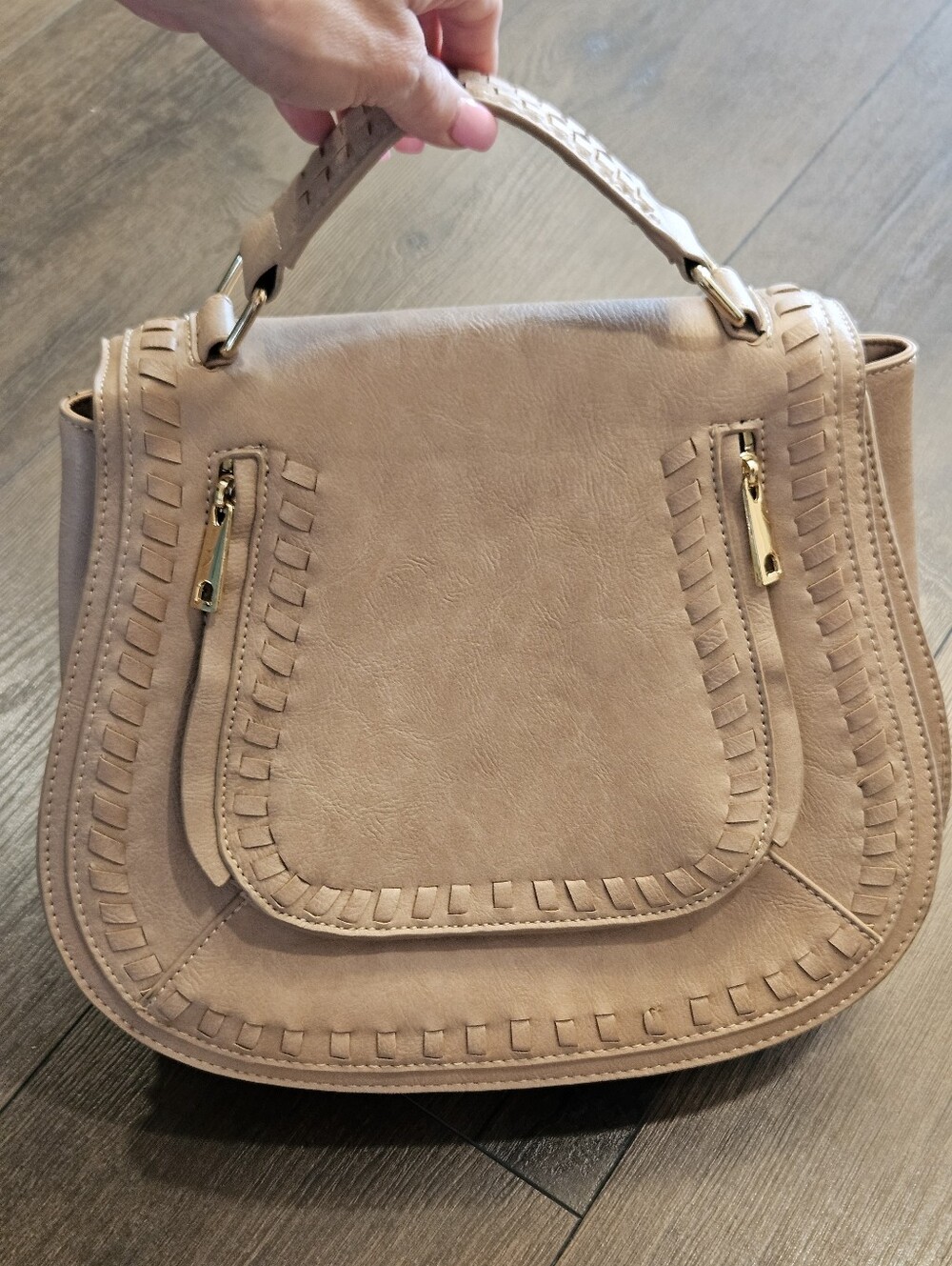 Boutique Taupe Whipstitch Satchel + Added Gold Chain Crossbody Strap